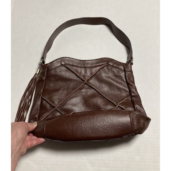 Womens Shoulder Bag Purse Nyla Noor Faux Pebbled Leather Patchwork Tassel Brown - Picture 3 of 13